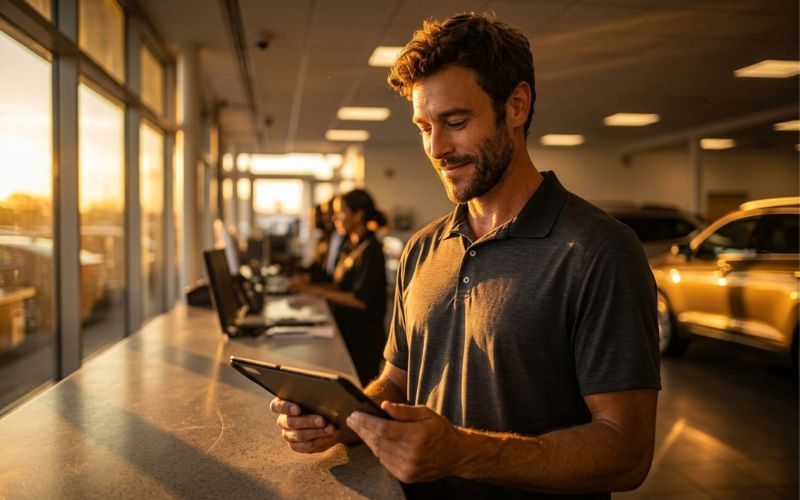Salesperson checking leads on a tablet in the showroom