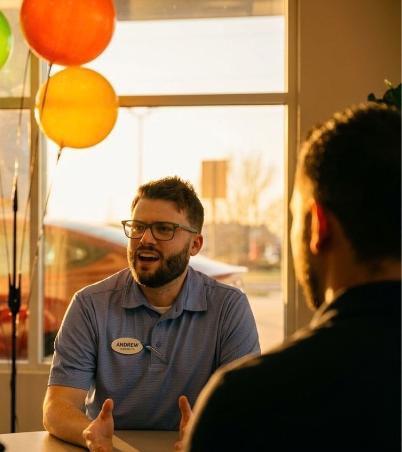 Salesperson talking with a customer at a dealership