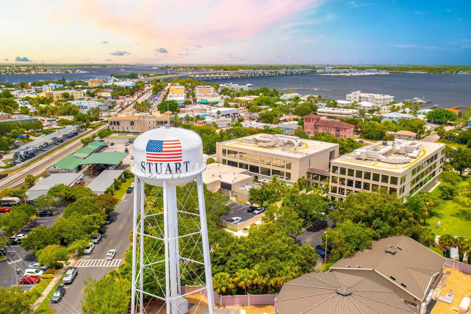 The Stuart water tower with downtown Stuart and the St. Lucie River behind it