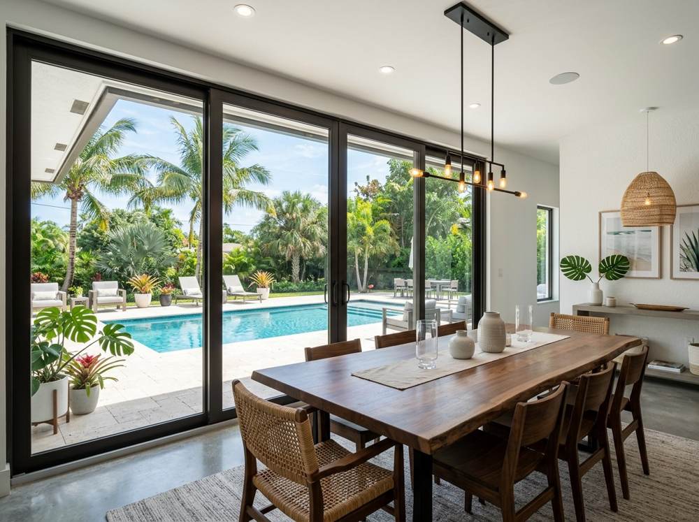Dark-frame impact doors facing a pool