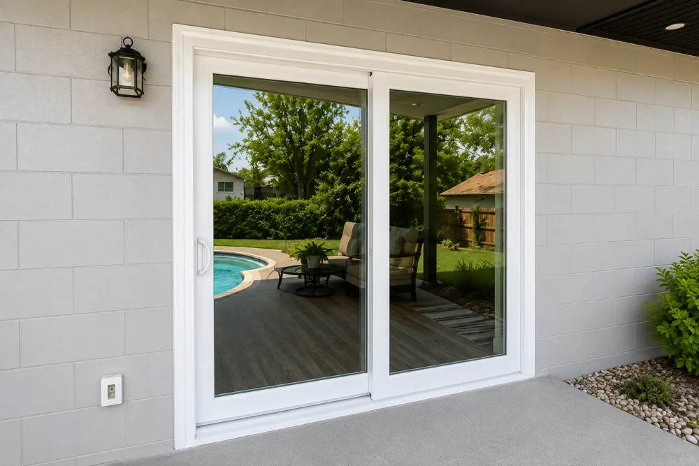 White impact sliding door leading to a pool