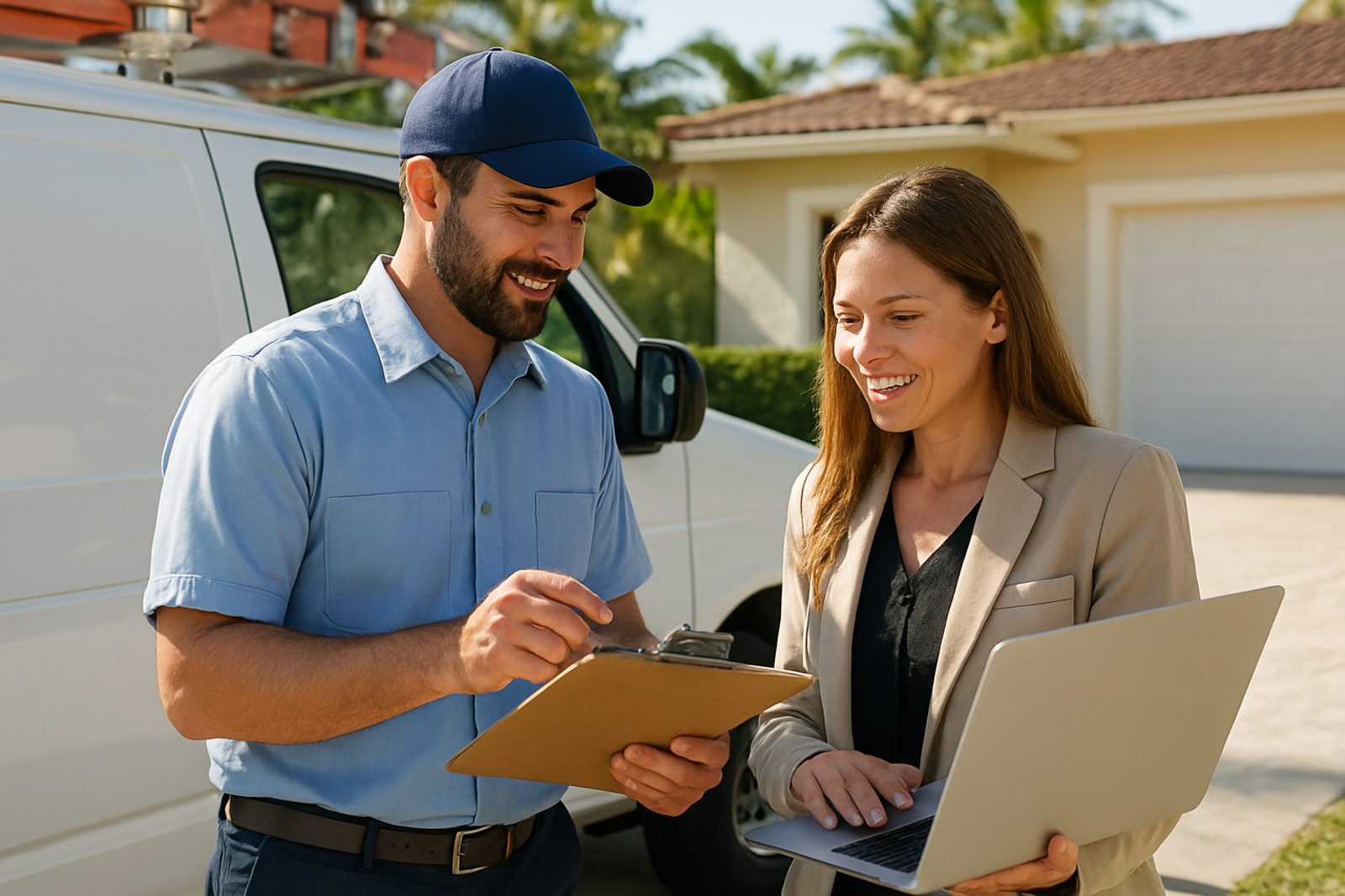 HVAC technician and office manager reviewing schedule beside a service van in Florida