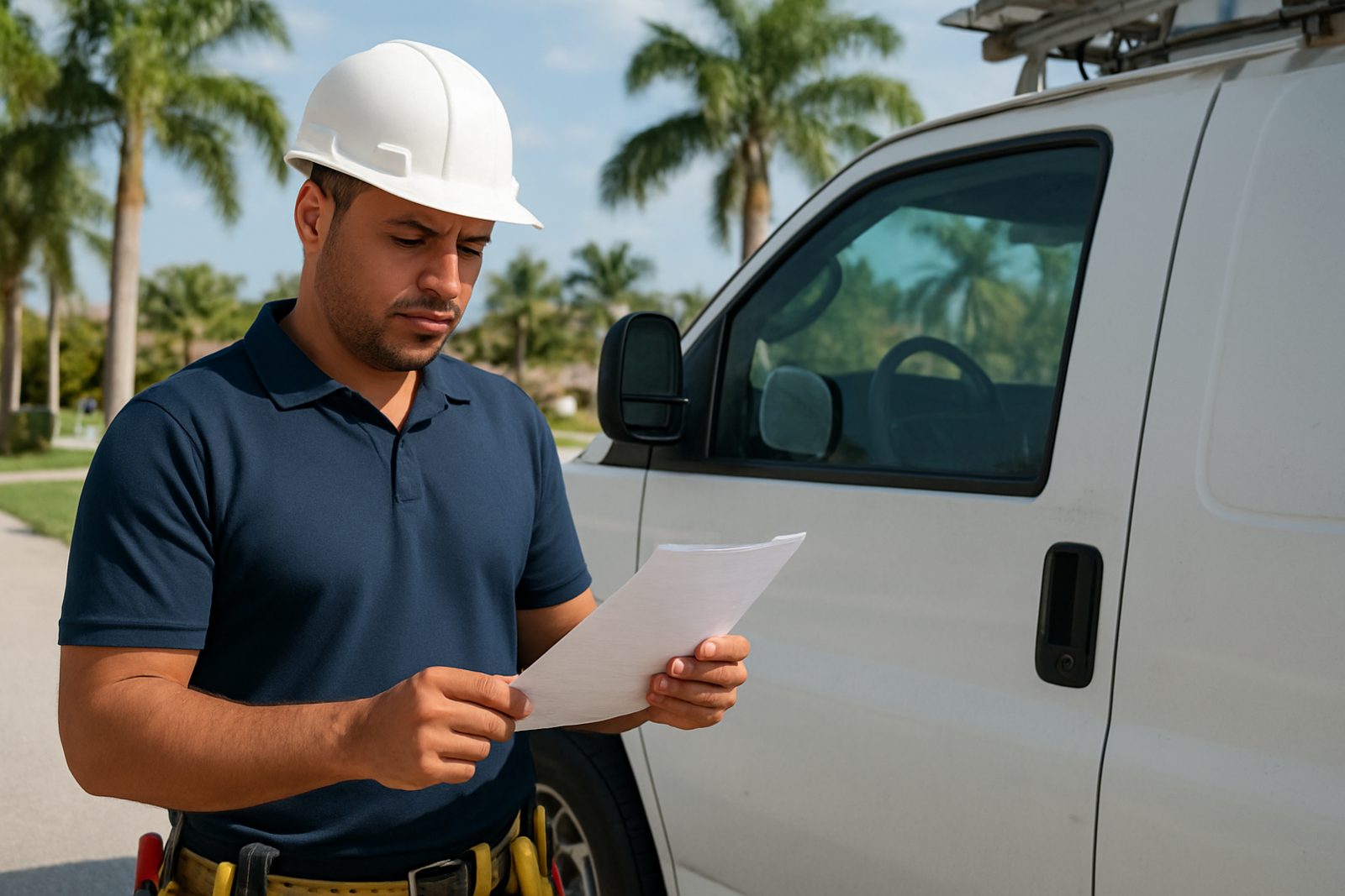 Electrical contractor reviewing license paperwork beside his service van in Florida