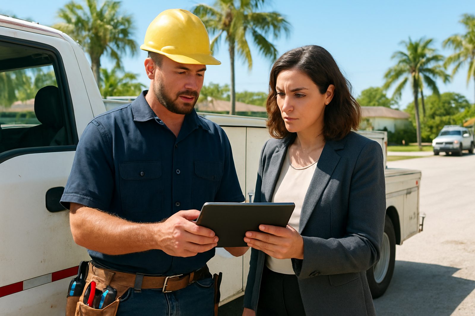 Electrician and marketing consultant reviewing campaign results at a job site