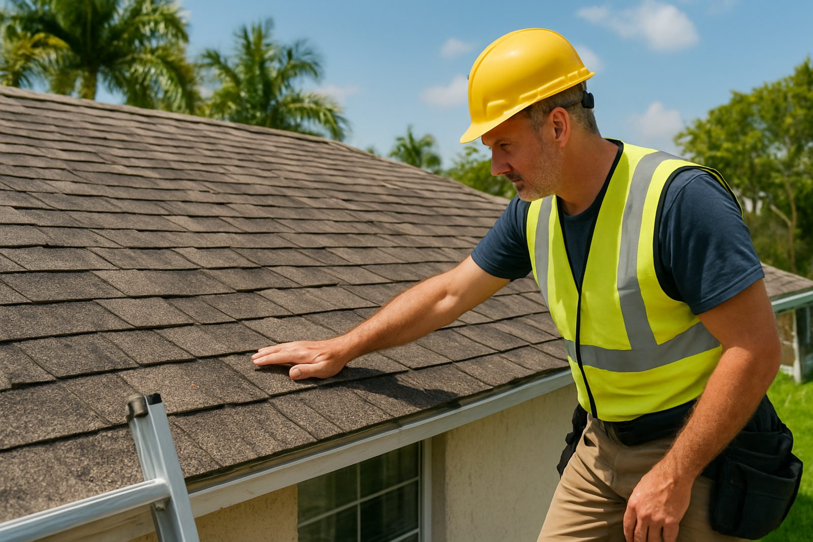 Roofing contractor inspecting an aging shingle roof on a Stuart Florida home