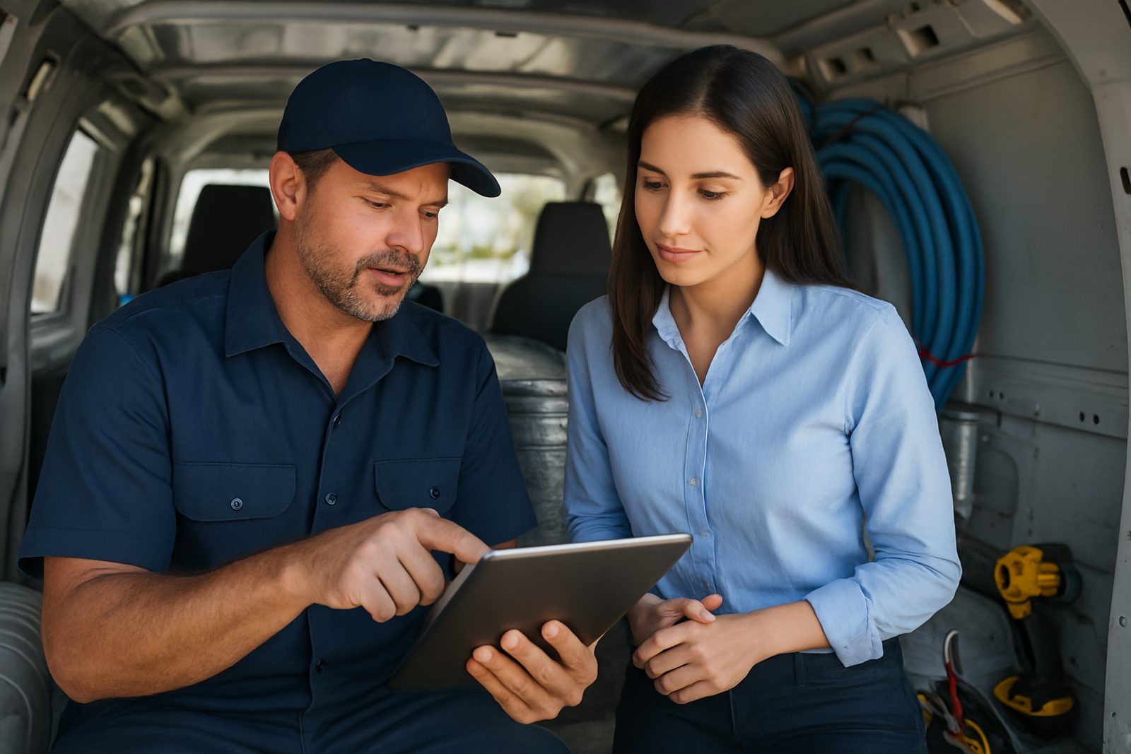 HVAC technician and office staff reviewing marketing budget near service van
