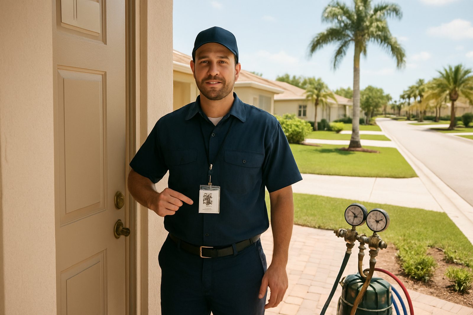 Licensed plumber showing ID to a Jupiter homeowner before backflow testing