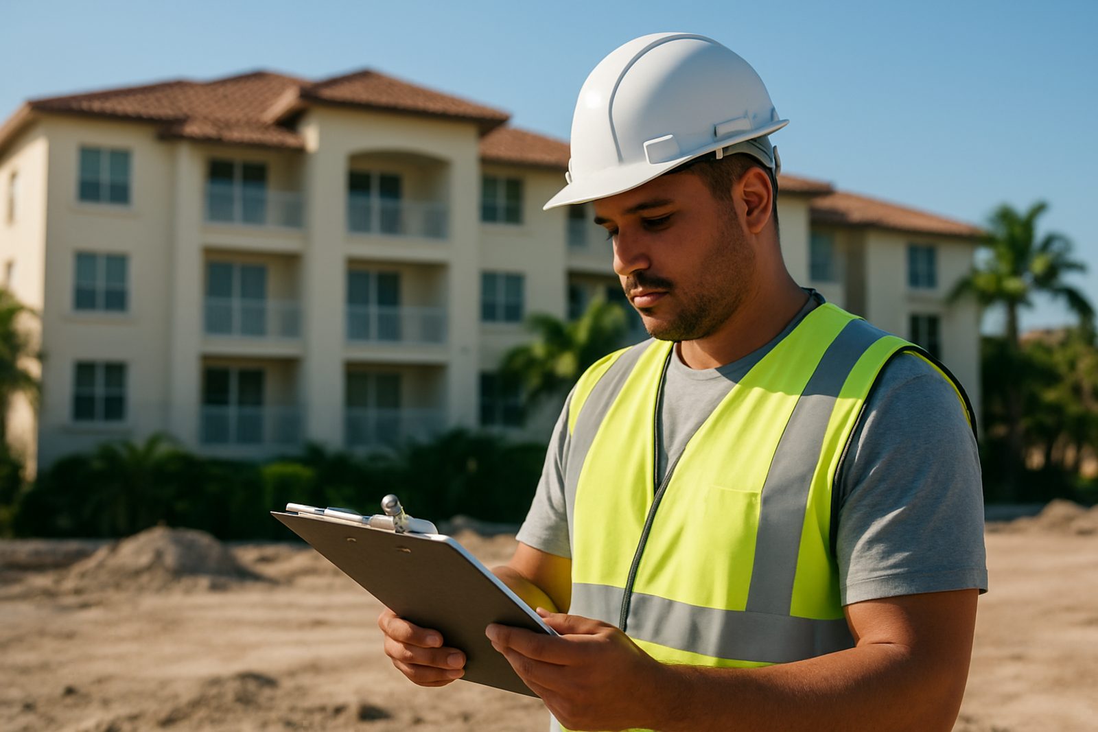 Roofing contractor reviewing permit paperwork near a South Florida condo building